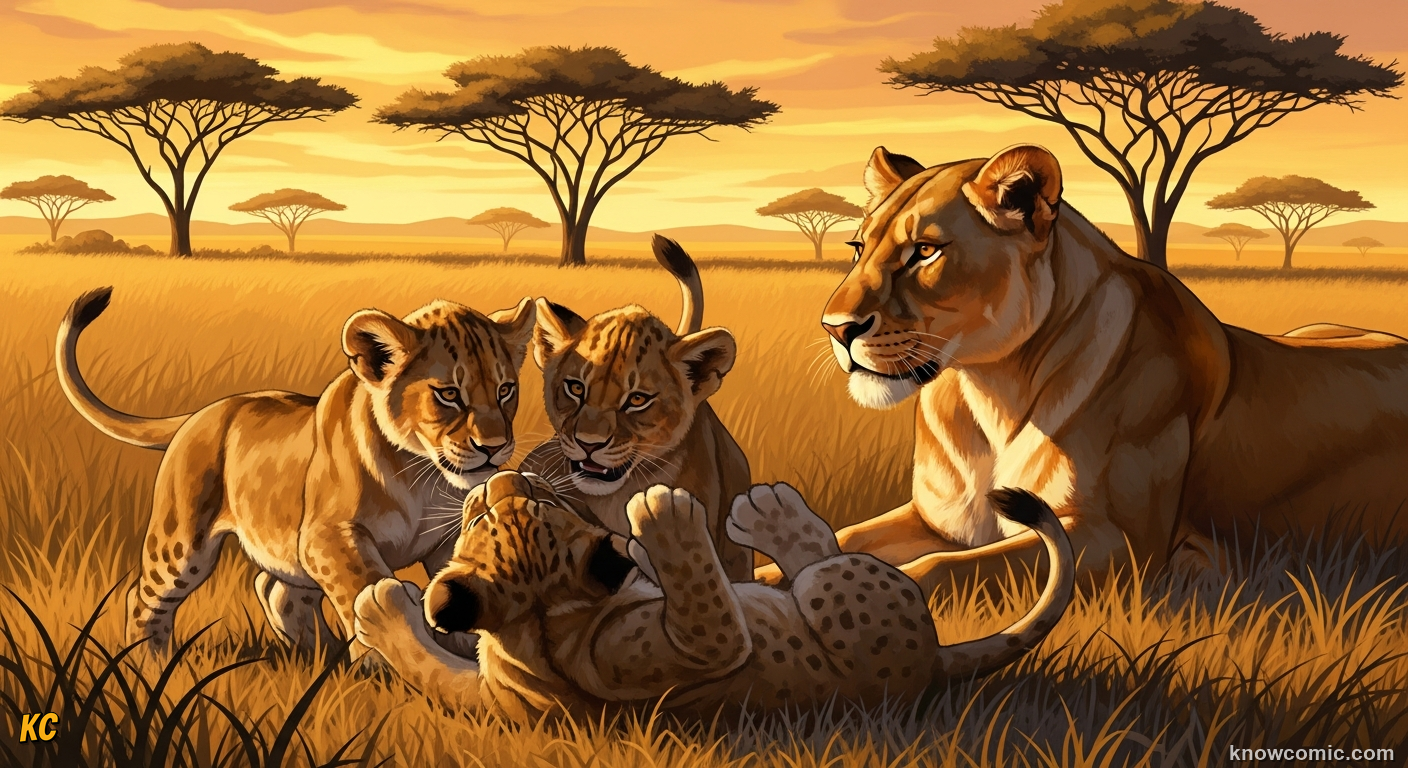 Lion cubs wrestling and pouncing on each other to practice hunting skills