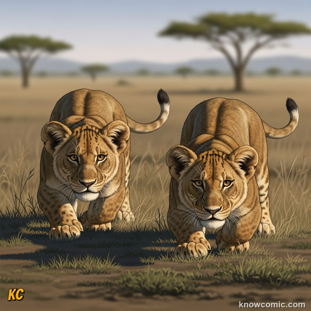 Young lion cubs practicing stalking technique through long savanna grass