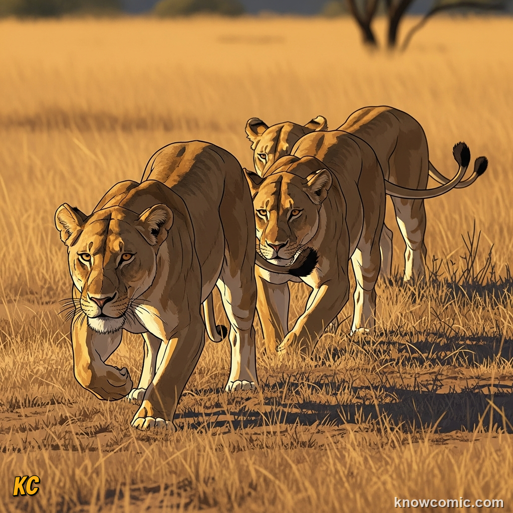 Female lionesses coordinating an attack in a cooperative hunt formation