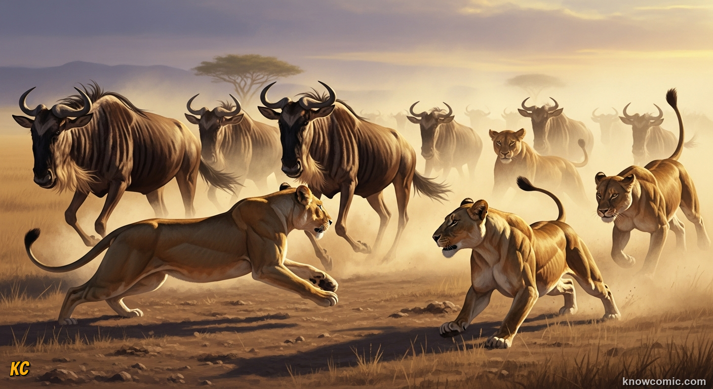 Pride of lionesses cooperating in a coordinated hunt on open savanna