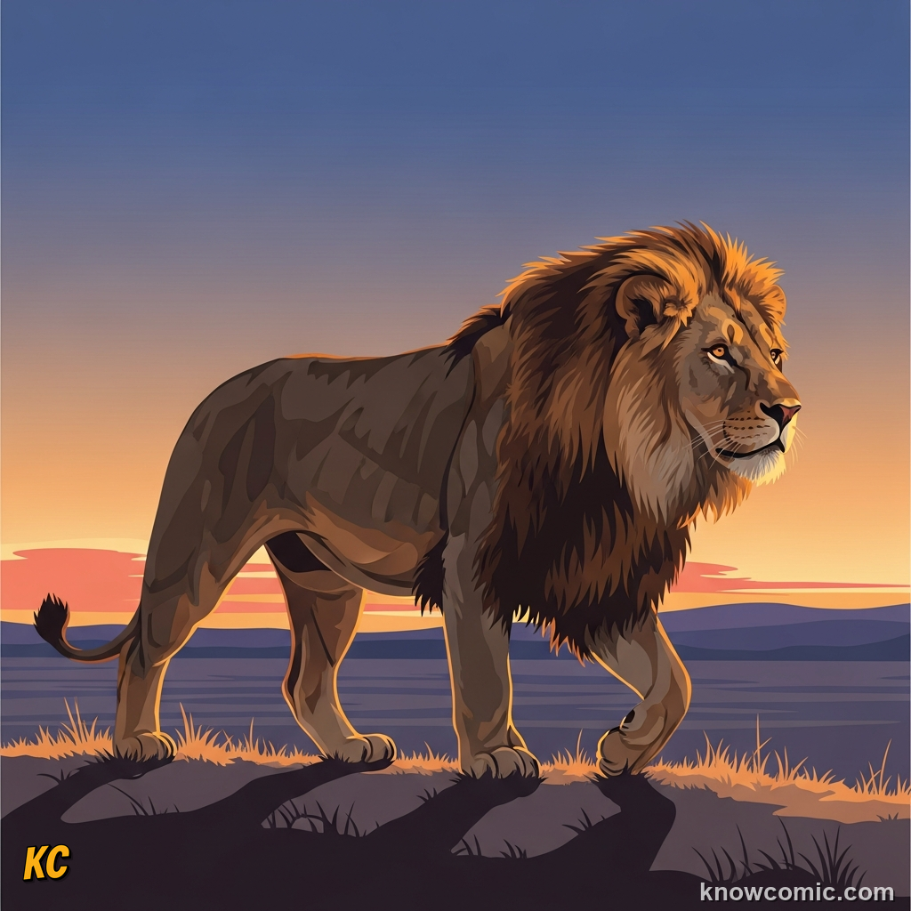 Male lion patrolling territory perimeter watching for rival intruders