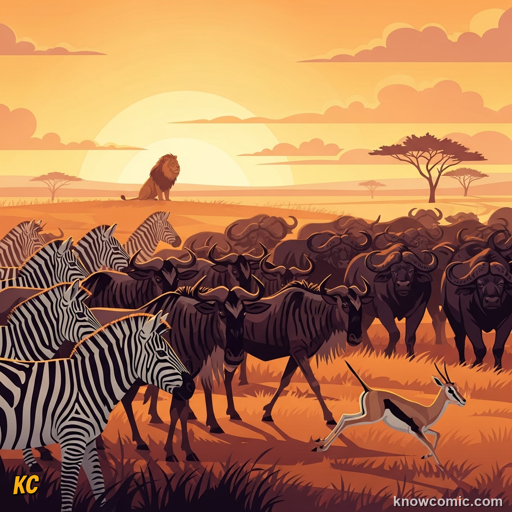 Zebra, wildebeest, and gazelle grazing together as lion prey animals