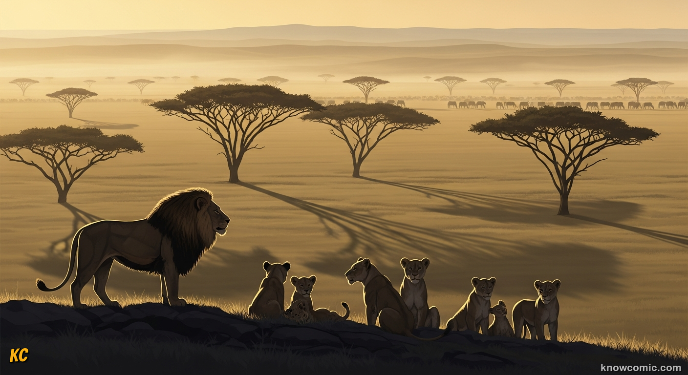 A pride of lions resting together in golden savanna grass at sunset