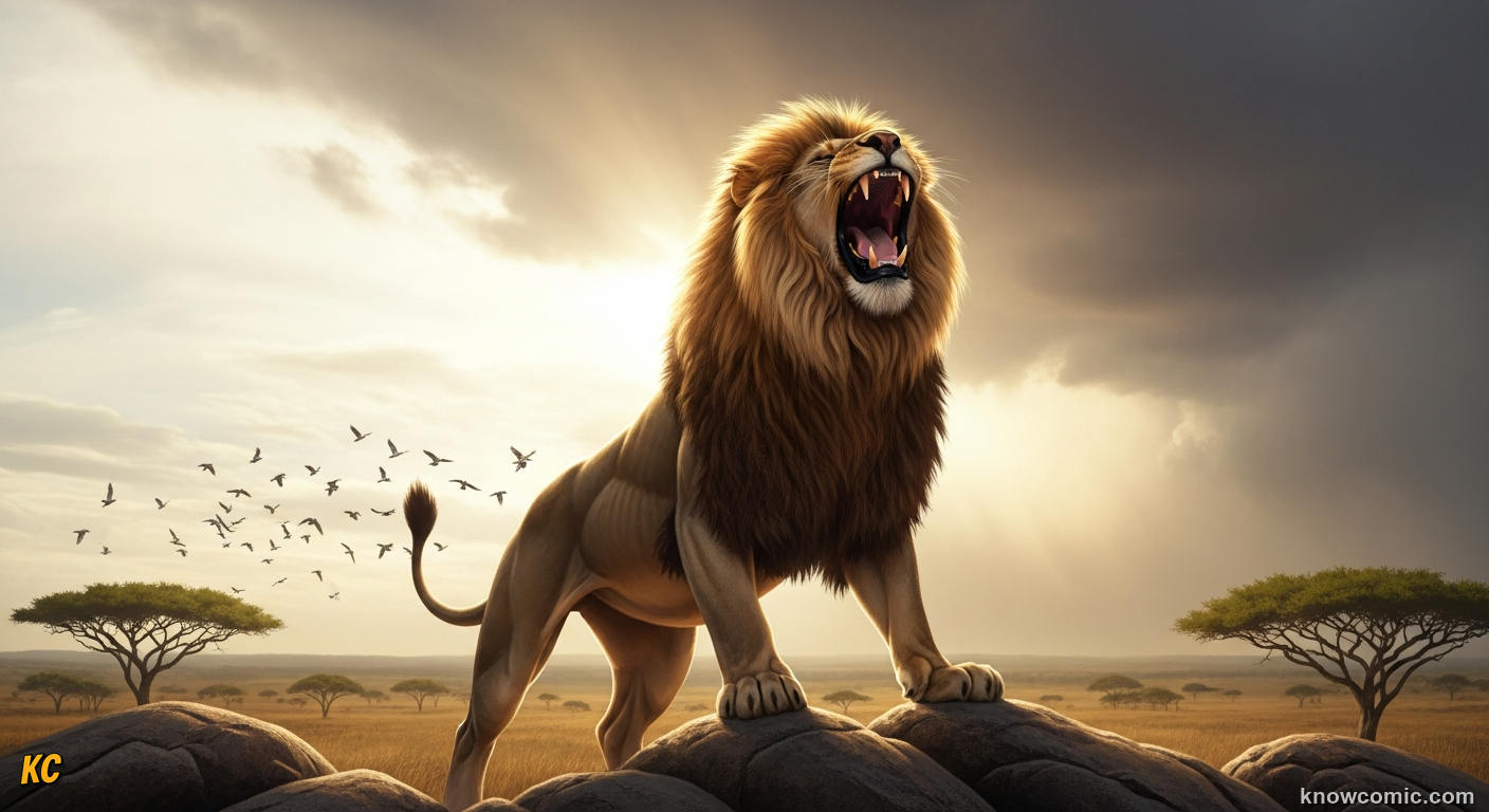 Male lion roaring with full mane to claim territory and warn rival lions
