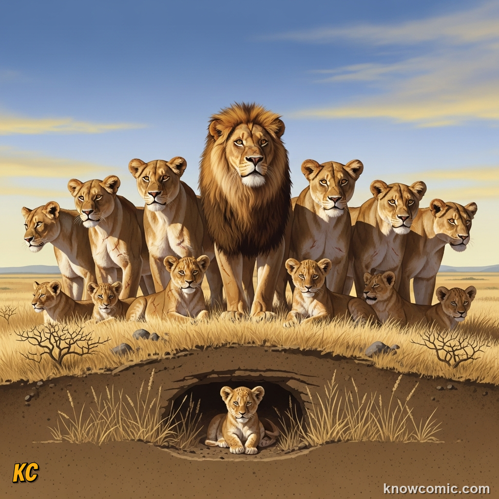 Diagram showing lion pride structure with dominant male, females, and cubs