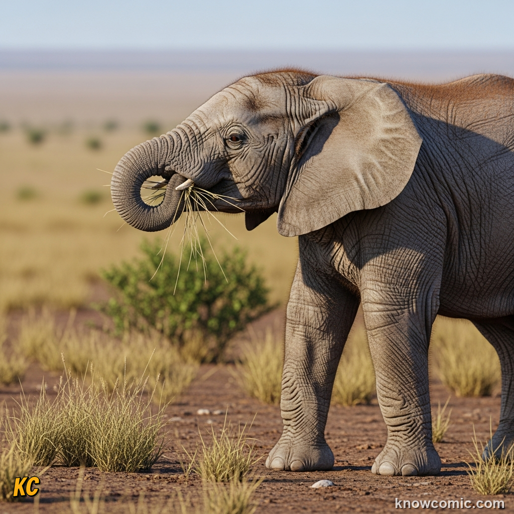 Young elephant calf learning to control its trunk for the very first time