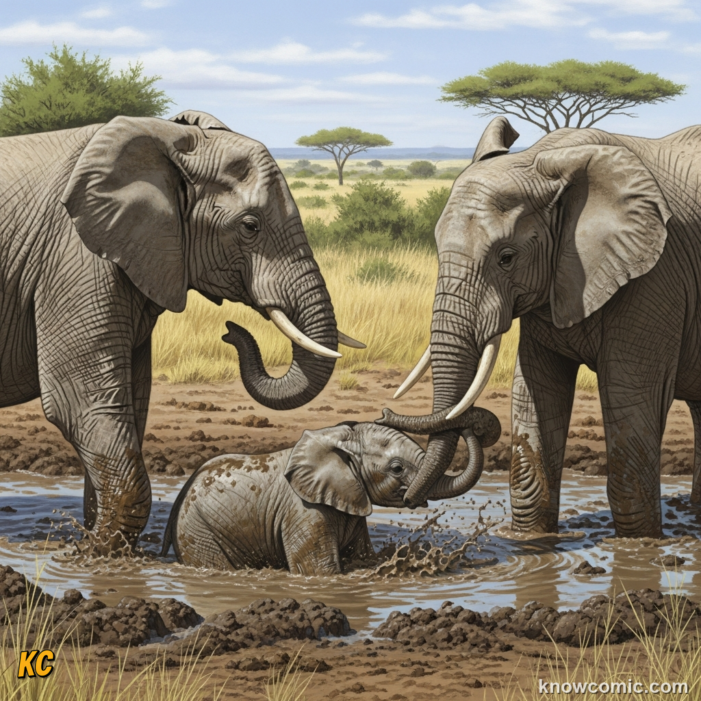 Elephants working together to help a stranded calf out of deep mud