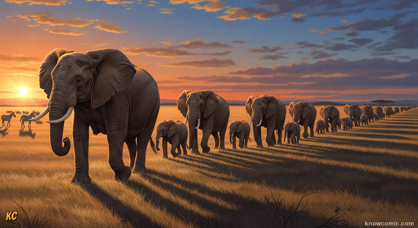 Large elephant herd crossing open savanna while knocking down acacia trees