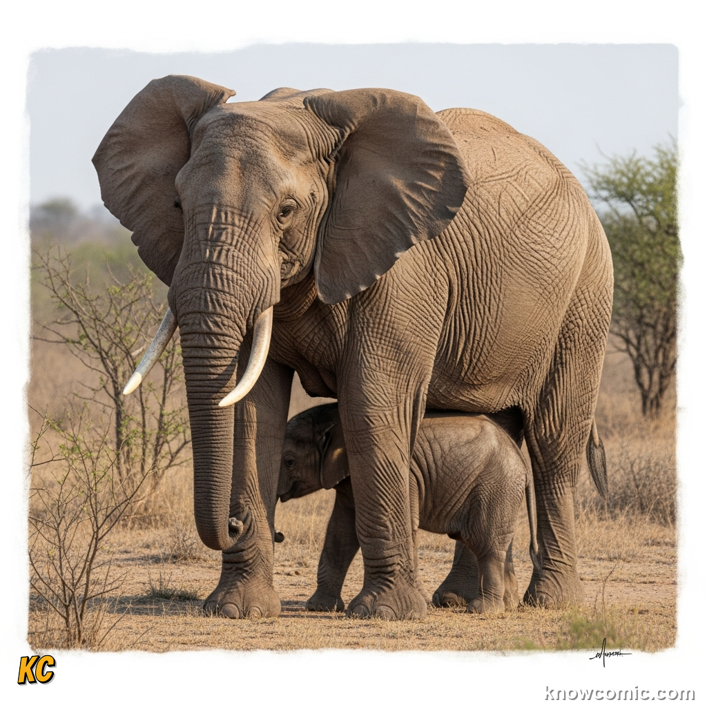 Female allomother elephant babysitting and guiding a young calf