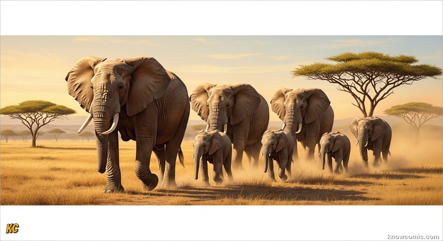 Large elephant herd led by elderly matriarch walking across open savanna