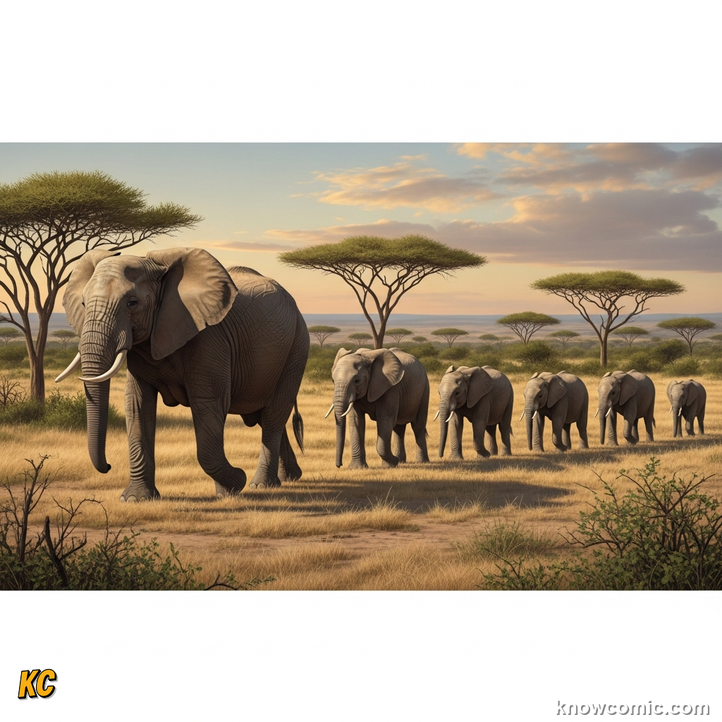 Elderly matriarch elephant leading herd to a remembered dry-season water source