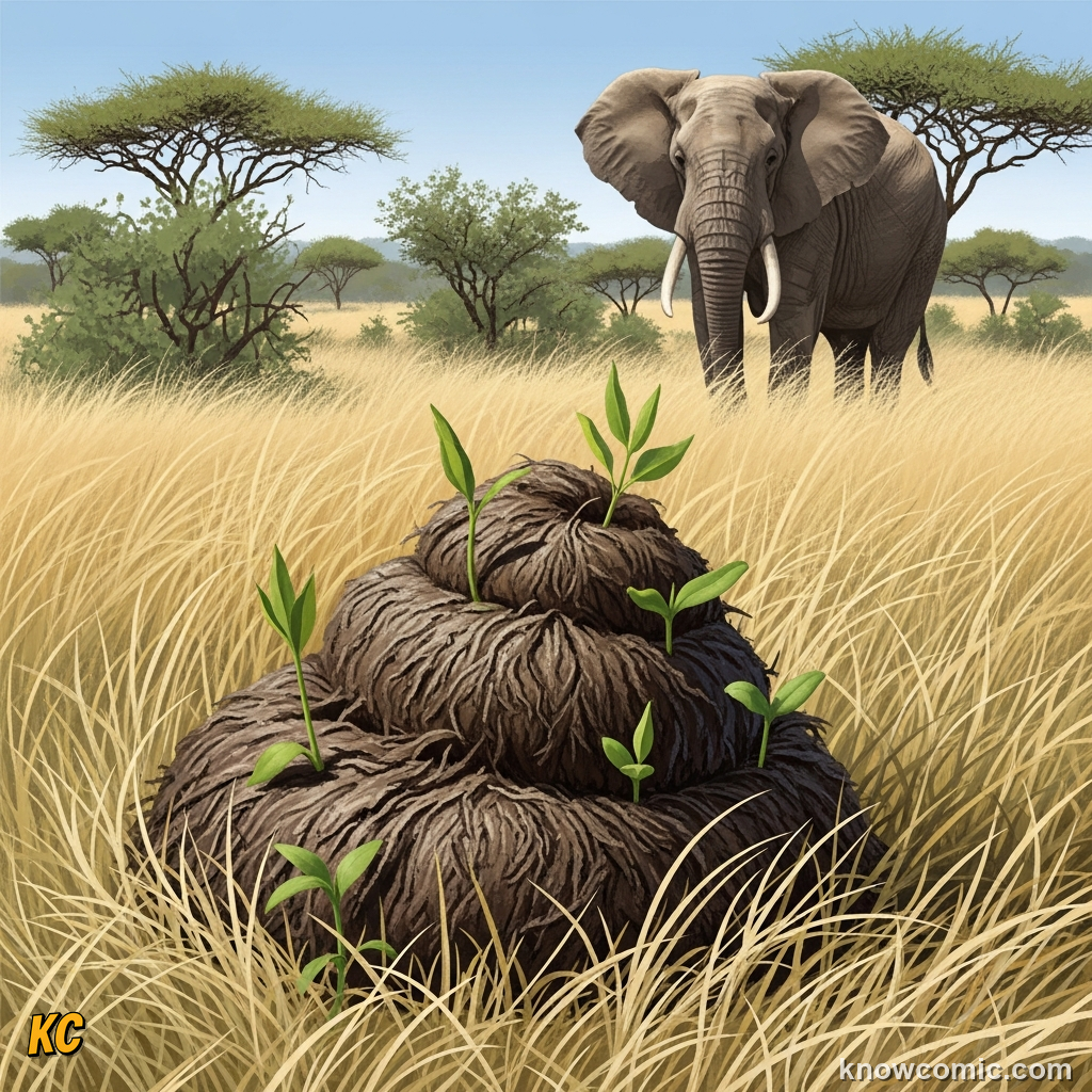 Elephant dung pile with seeds sprouting showing forest seed dispersal role