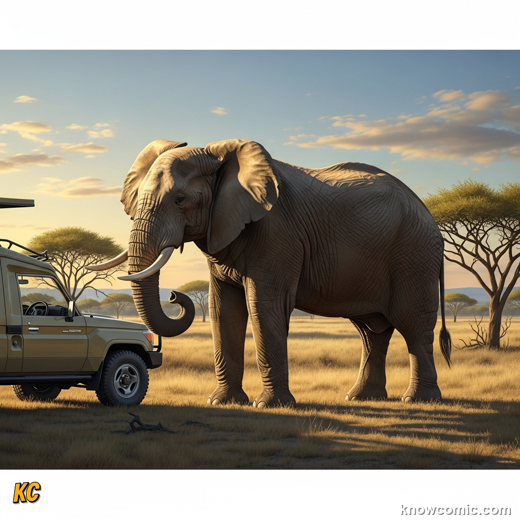 Size comparison showing African elephant towering over a human figure