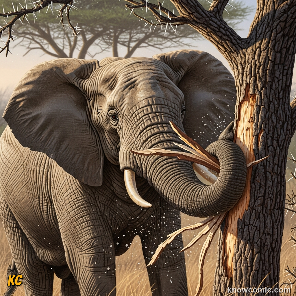 Elephant using trunk to lift grass, spray water, and greet another elephant