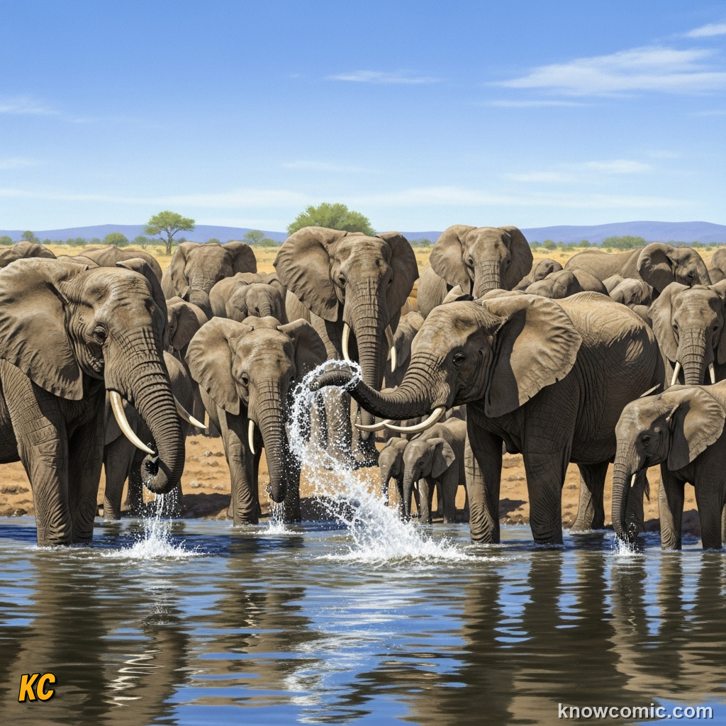 Elephant herd arriving at a remembered waterhole during a drought year