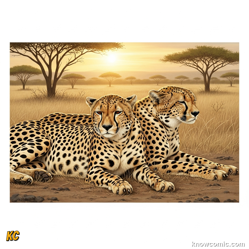 Two male cheetah brothers from a coalition resting together on a termite mound