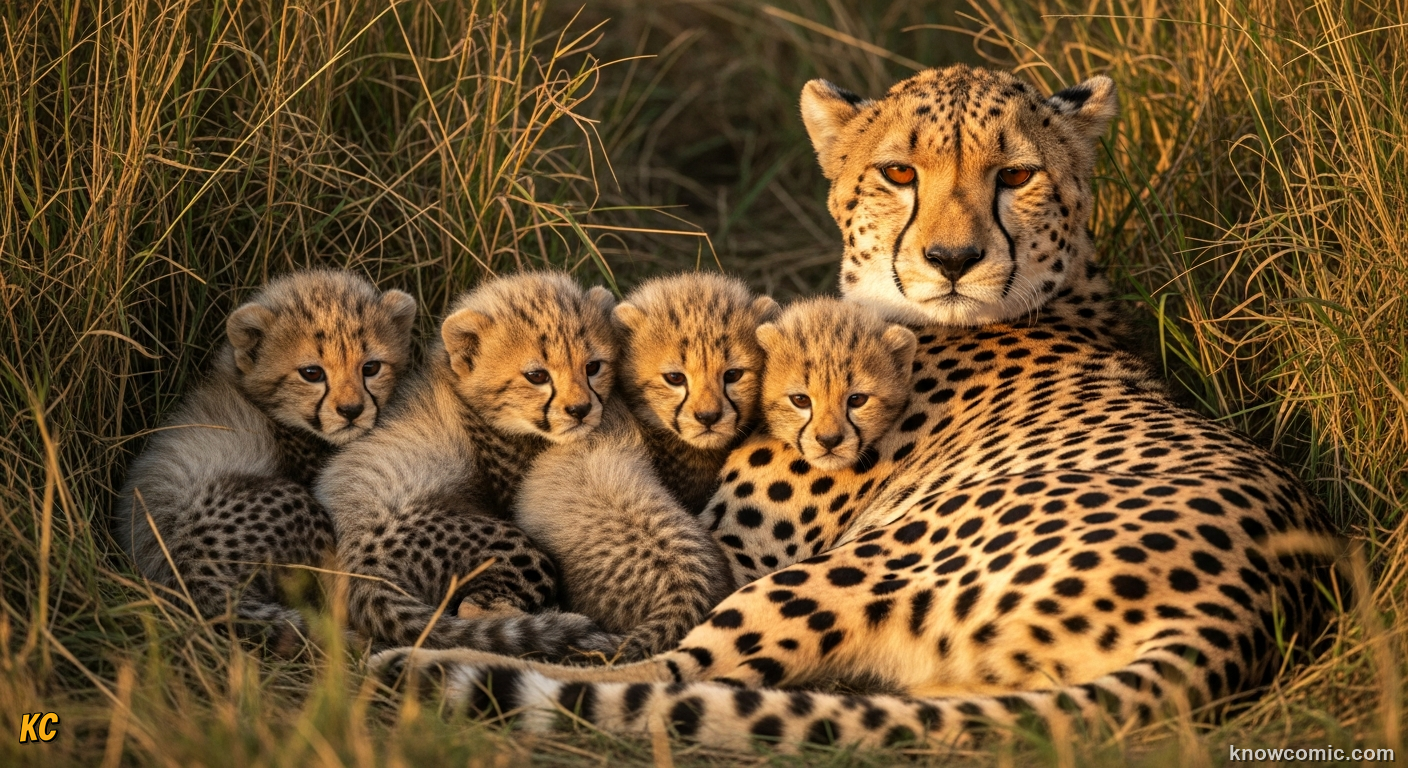 Cheetah mother hiding tiny blind cubs in tall grass to protect them from predators