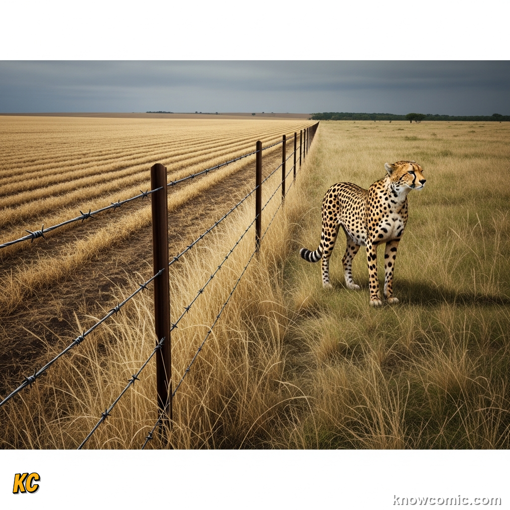 Cheetah near a farm fence where livestock conflict and habitat loss take a toll