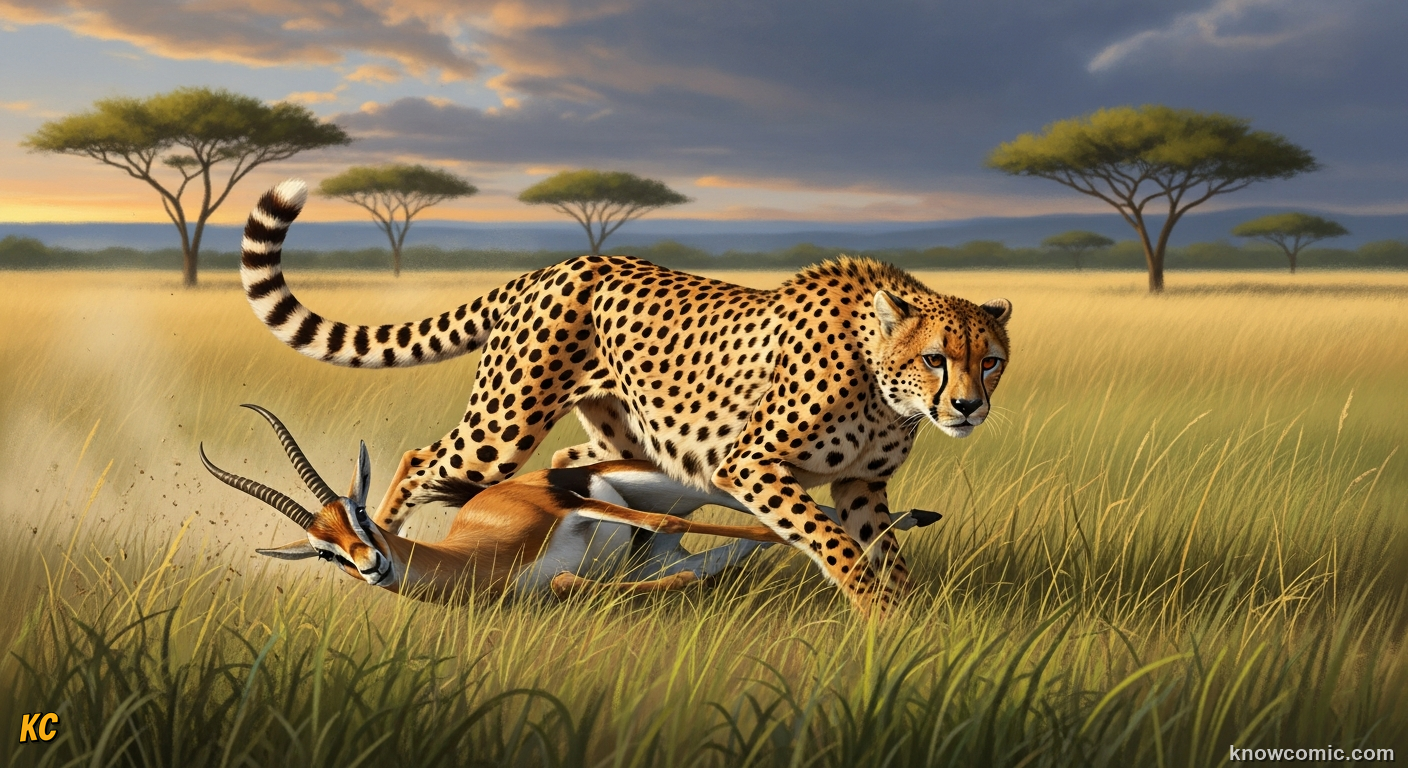 Cheetah hooking a gazelle with a trip paw during the final moments of a chase