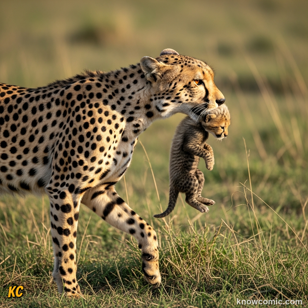 Mother cheetah carefully carrying a cub by the scruff to a new hidden den