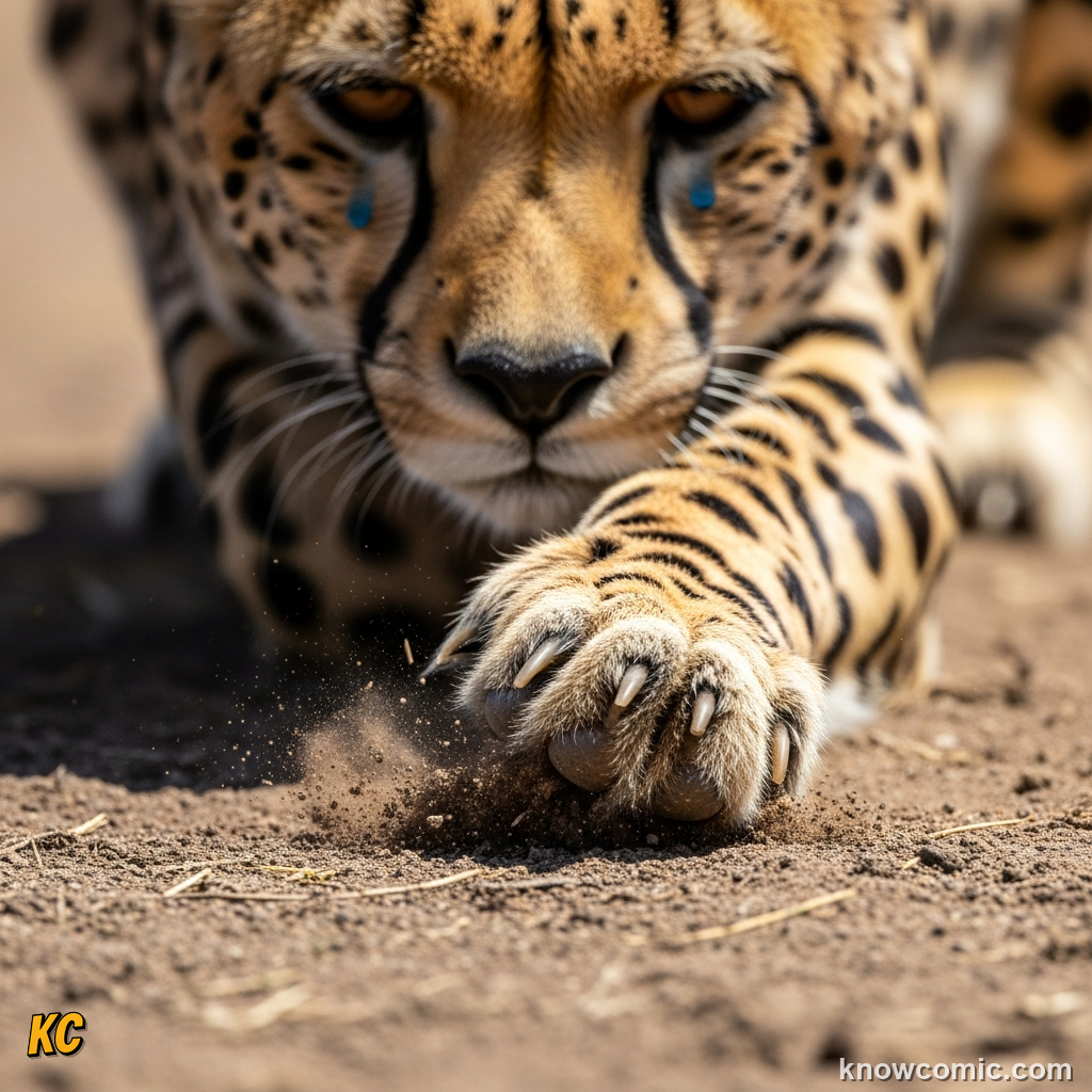 Close-up of cheetah semi-retractable claws gripping ground like athletic track spikes