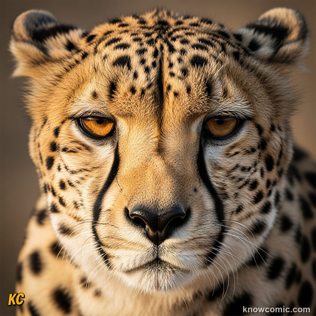 Close-up of cheetah face showing black tear line markings and unique spotted coat