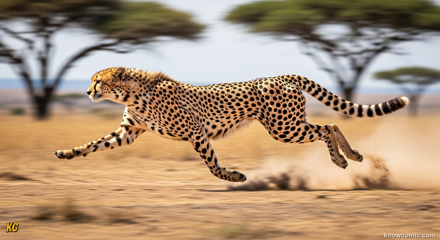 Cheetah blurring across savanna in flying gallop with all four feet off the ground