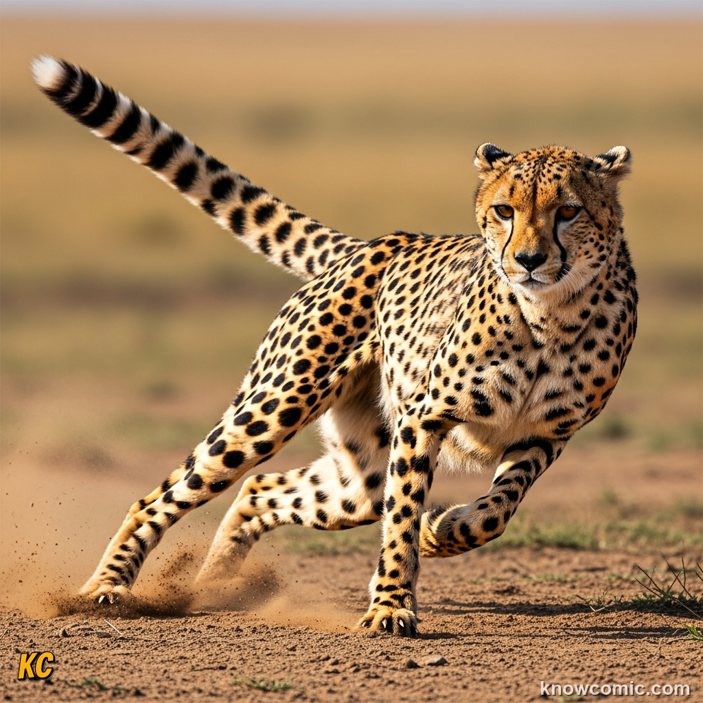 Cheetah long thick tail acting as counterbalance during sharp high-speed turns