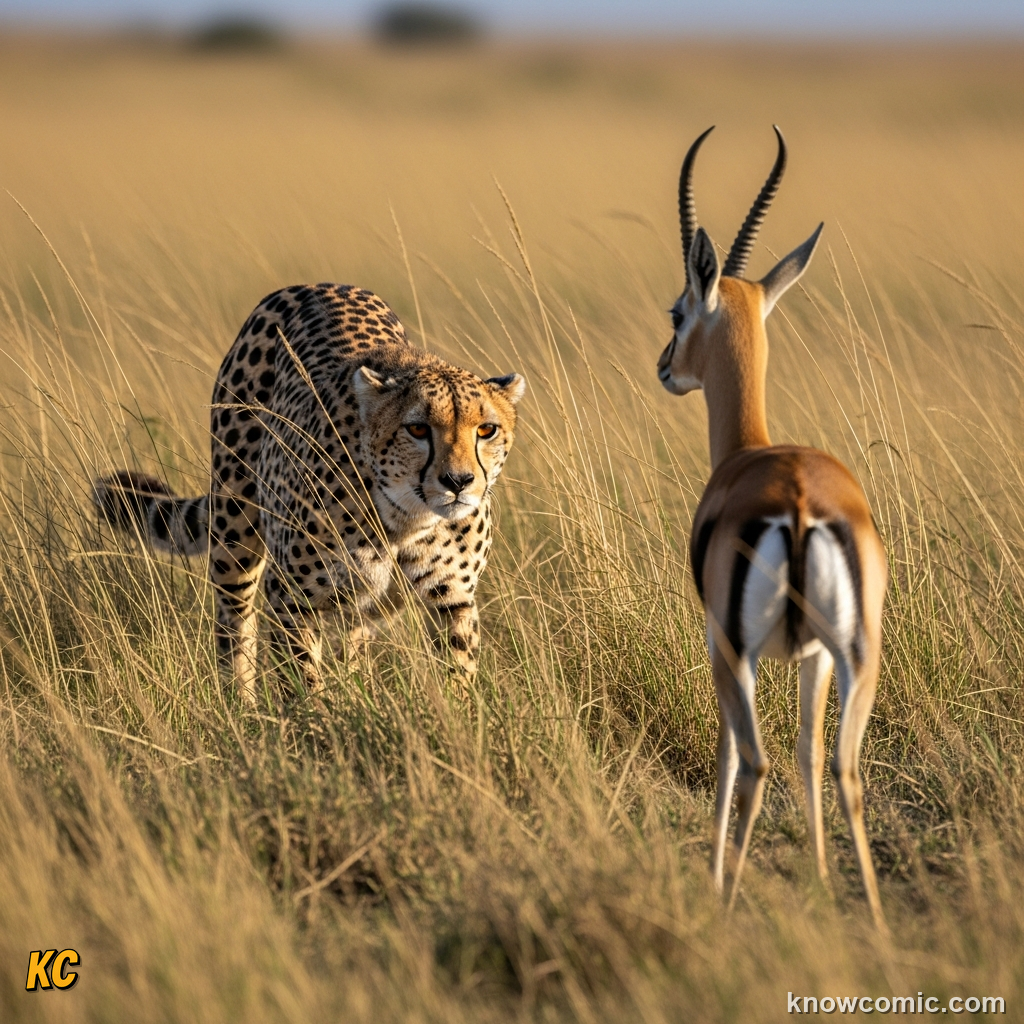 Cheetah chasing a Thomson gazelle across savanna at extraordinary speed