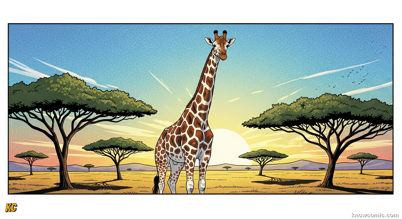 Tall giraffe stretching its long neck to reach acacia treetop leaves on savanna