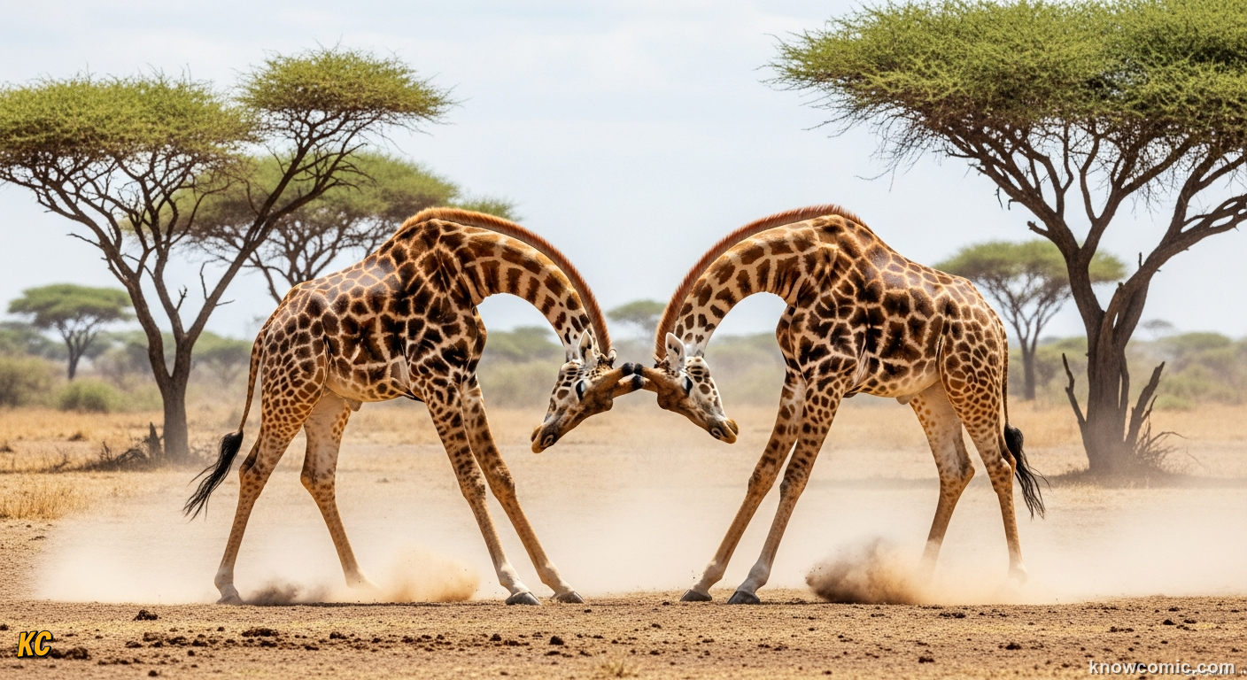 Two male giraffes swinging necks in a necking duel competing for dominance
