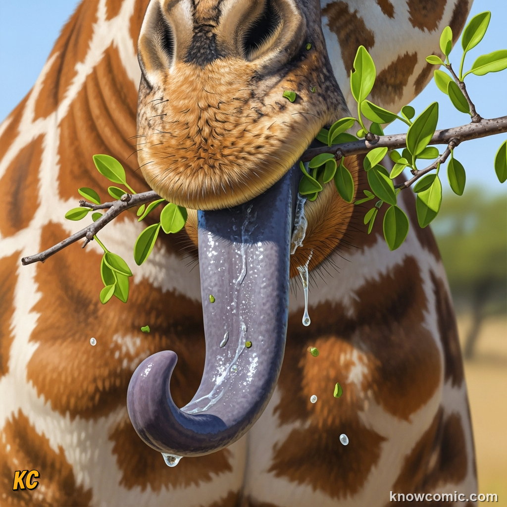 Giraffe long dark purple tongue wrapping around a thorny acacia branch to strip leaves