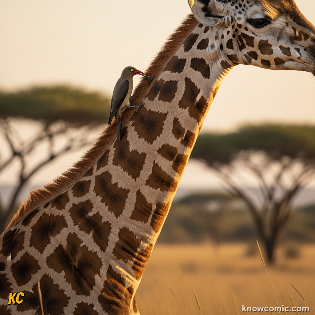 Oxpecker bird perched on a giraffe neck picking off ticks and parasites