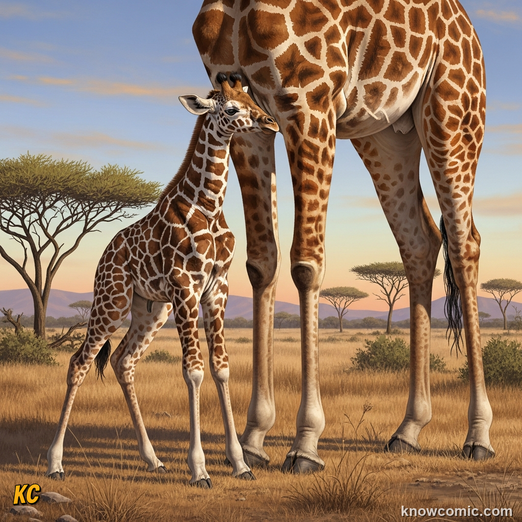 Newborn giraffe calf wobbling to stand upright just minutes after birth on savanna
