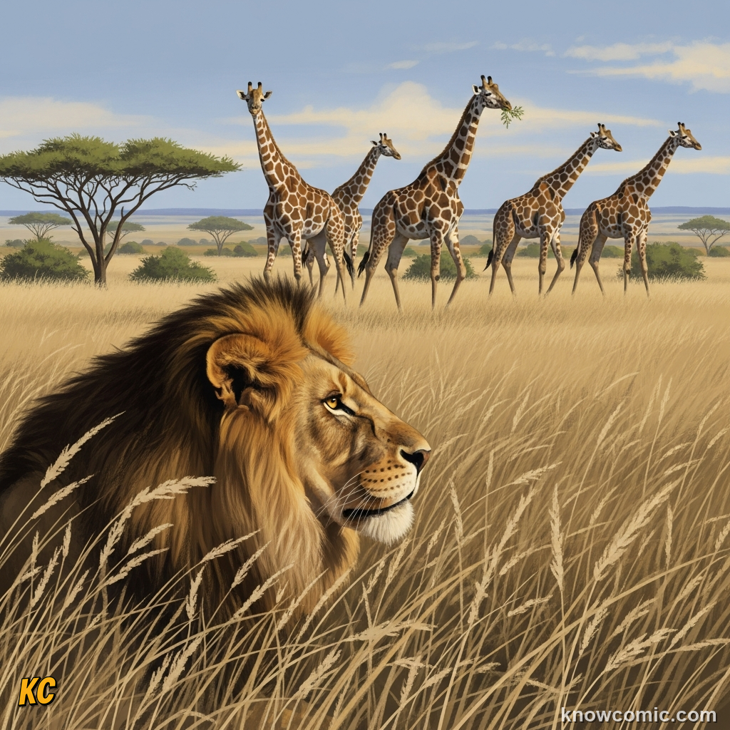 Lion crouching in ambush near a waterhole waiting for a giraffe to lower its head
