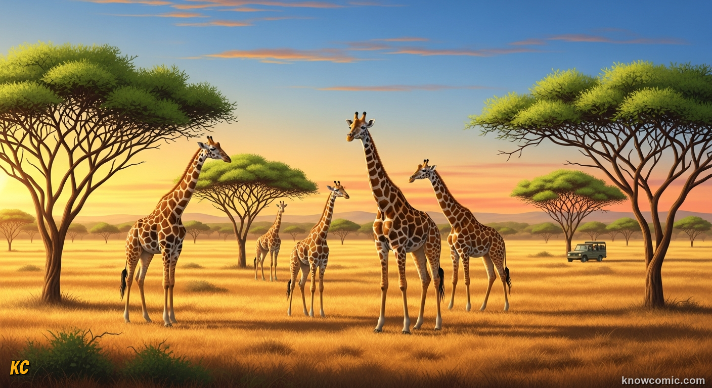Giraffe browsing treetops in a healthy protected savanna woodland under blue sky