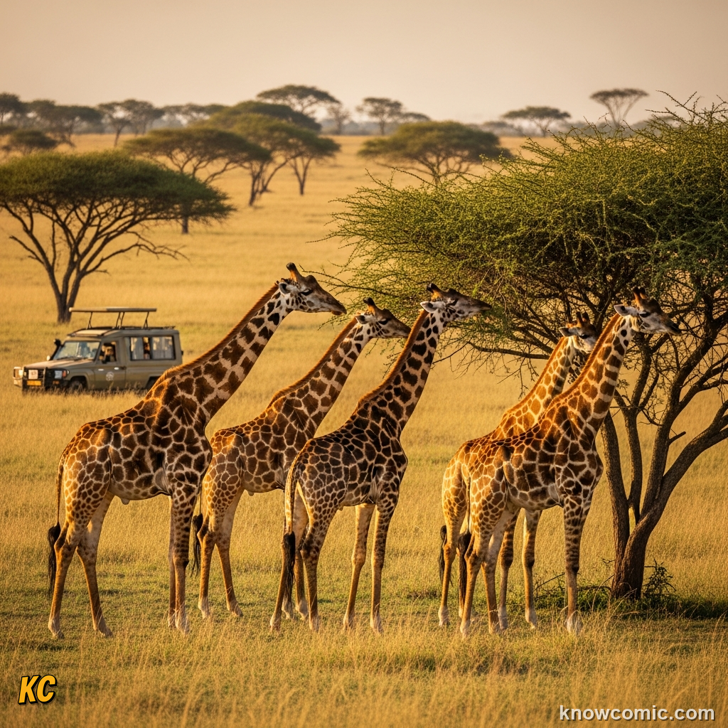 Ethical safari tourists watching giraffes at a safe respectful distance