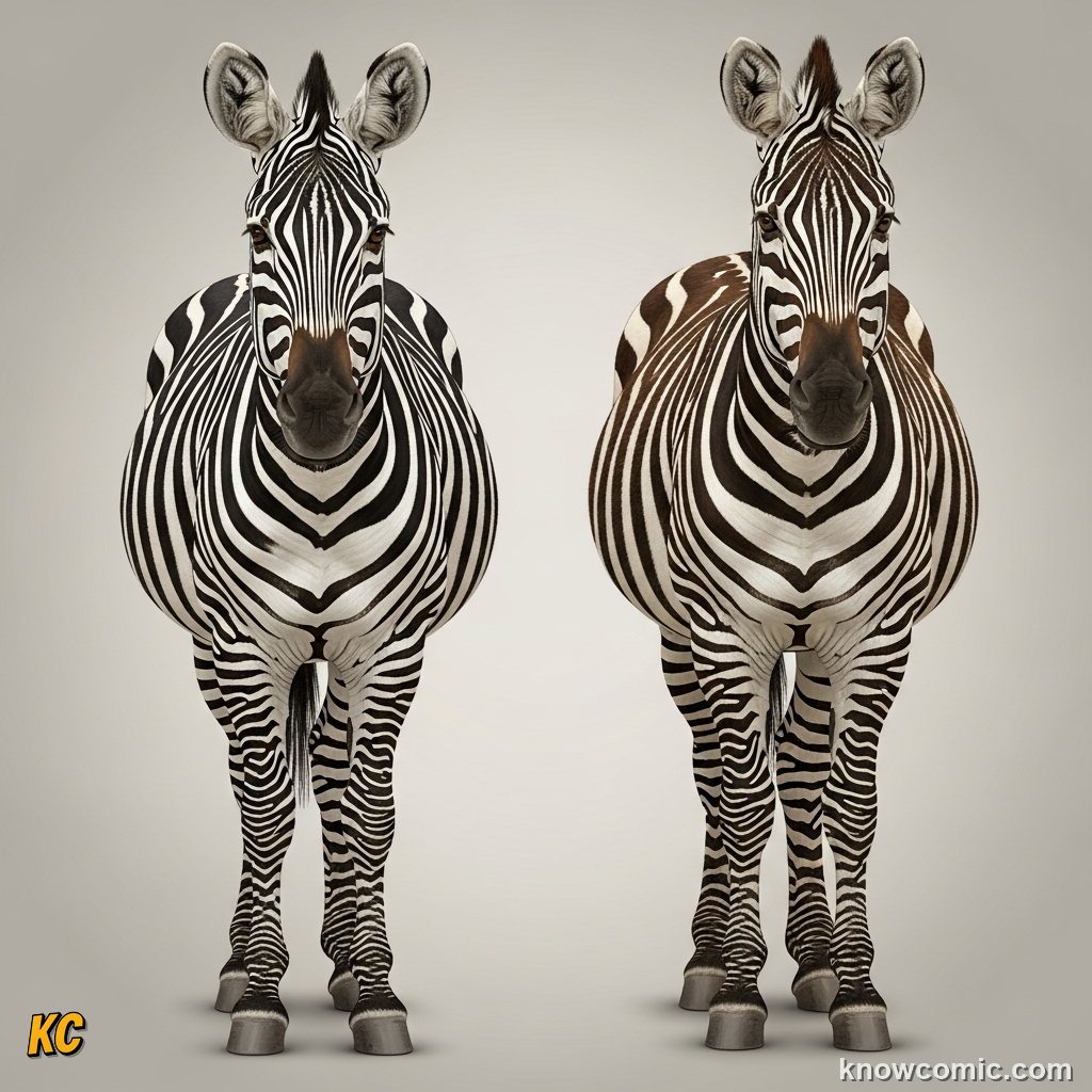 Comparison showing narrow-striped Grevys zebra next to broad-striped plains zebra