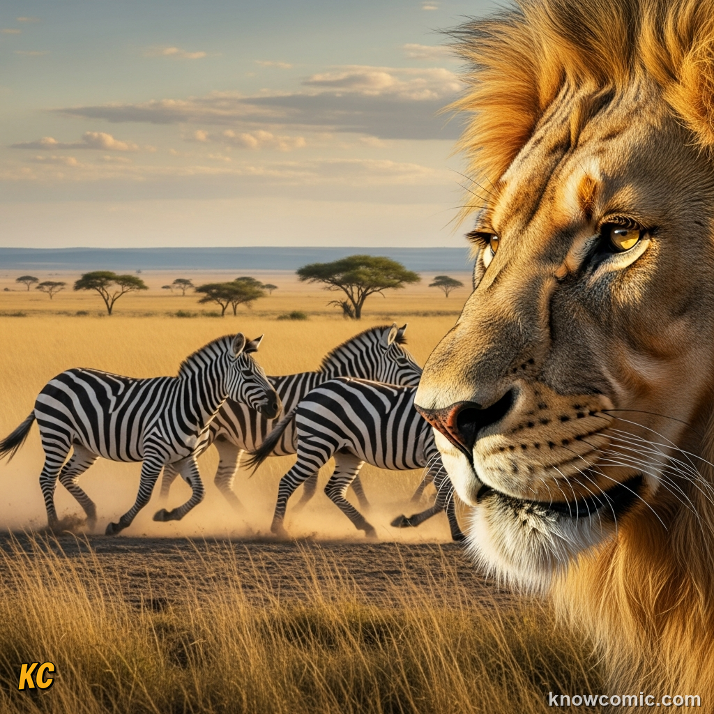 Lion point-of-view of a running zebra herd showing motion dazzle confusion effect