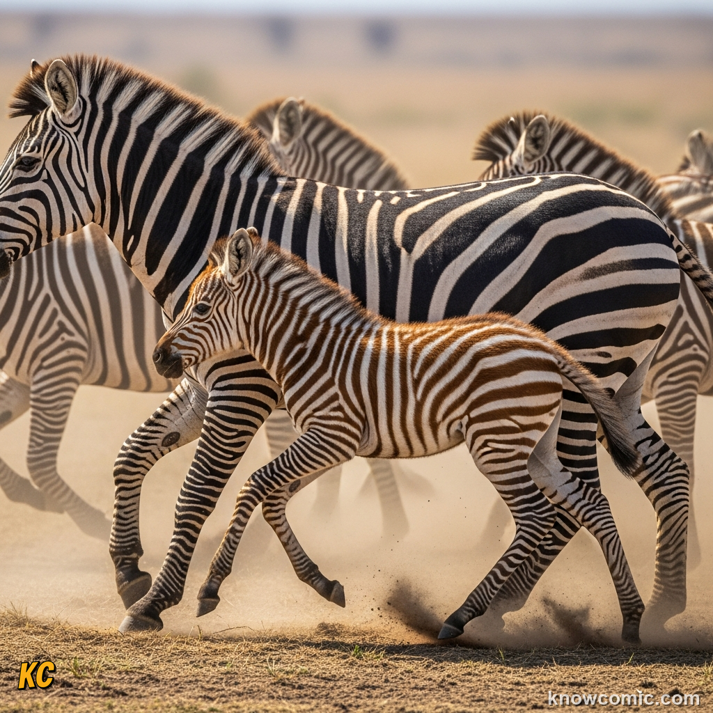 Zebra foal tucked safely inside a dense herd of black and white striped adults