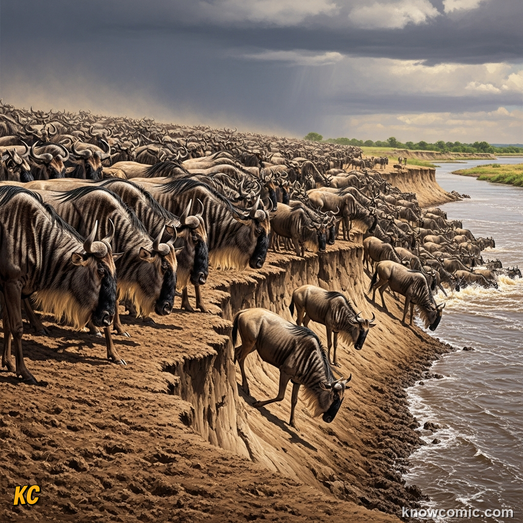 Hundreds of wildebeest crowded on a river bank hesitating before the first one jumps