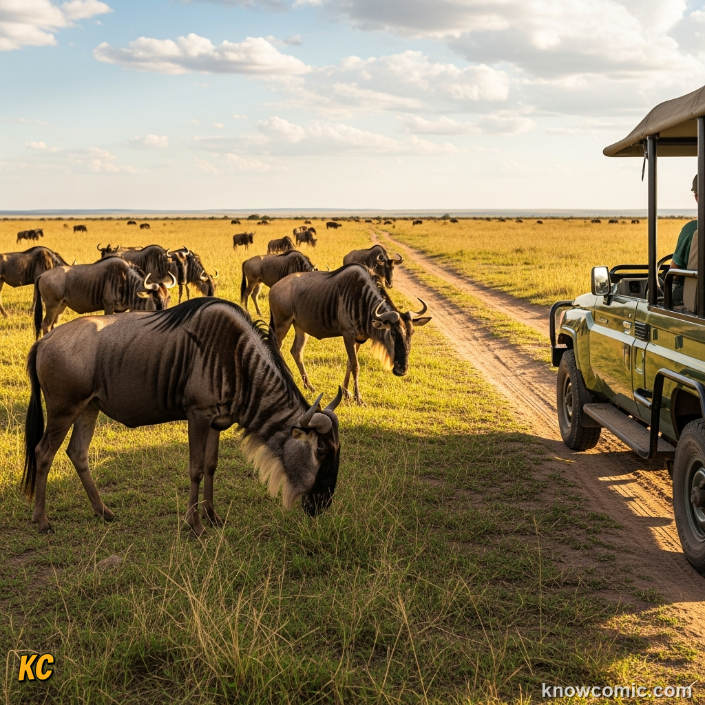 Low-impact safari vehicles observing the wildebeest crossing from a respectful distance