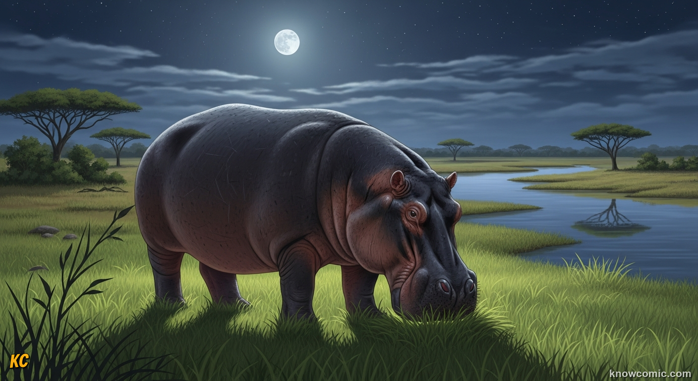 Hippo grazing short grass on a dark African riverbank far from water at night