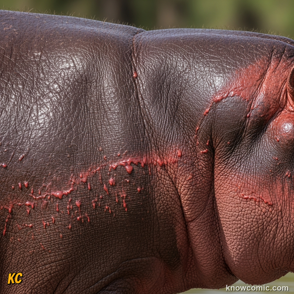 Close-up of reddish mucus blood sweat secretion on the surface of hippo skin