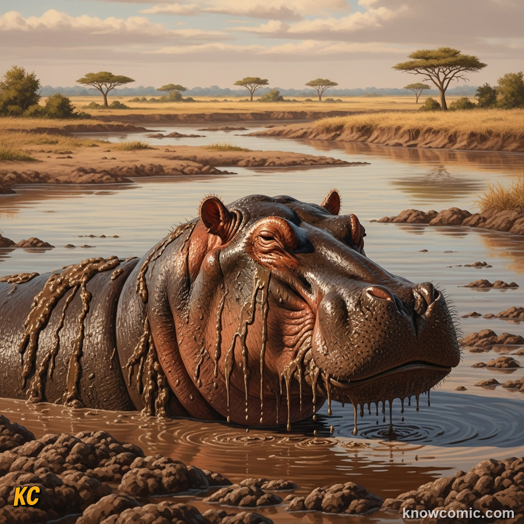 Group of hippos wallowing in thick river mud as natural sunscreen and socialising