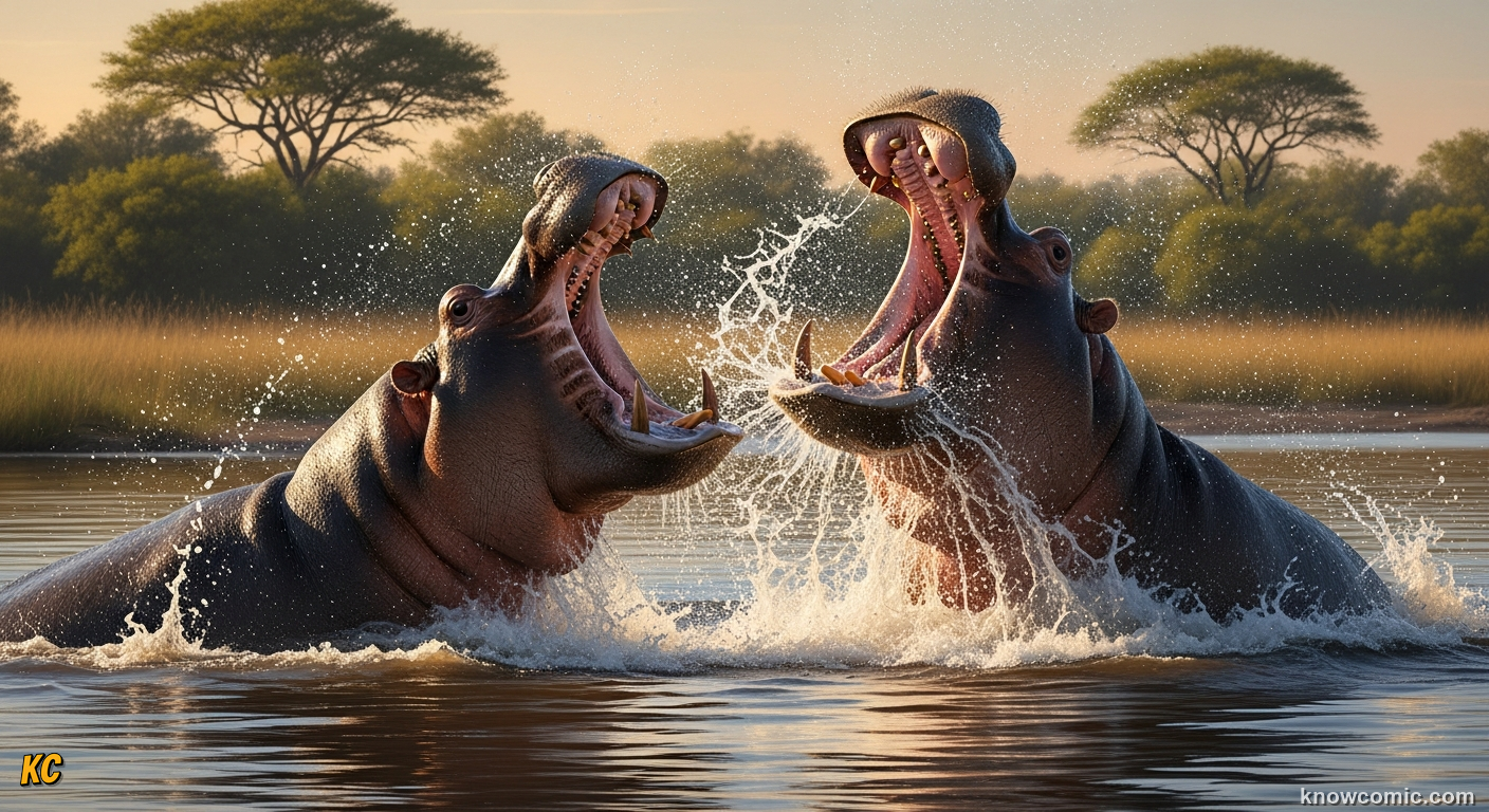 Bull hippo charging aggressively through water to defend its territorial river stretch