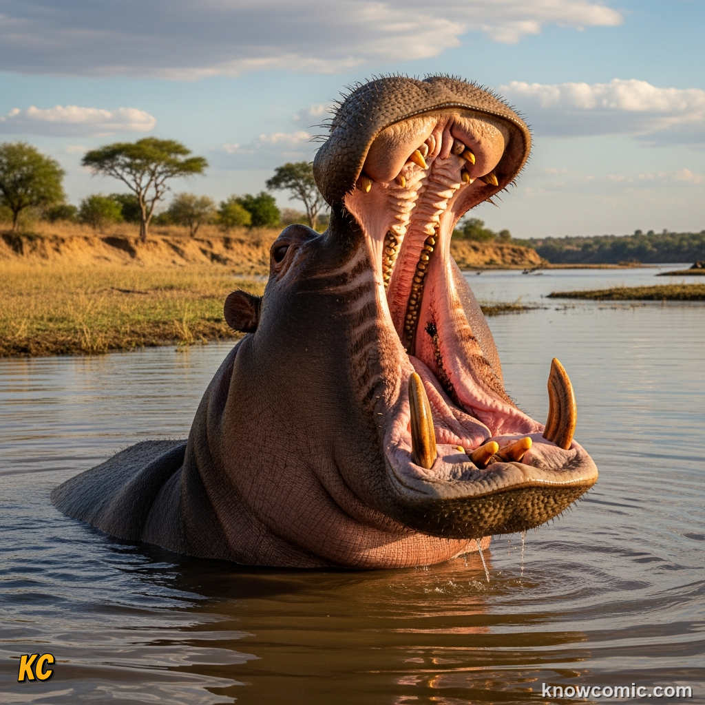 Hippo opening massive jaws in a wide threat display gape to intimidate a rival