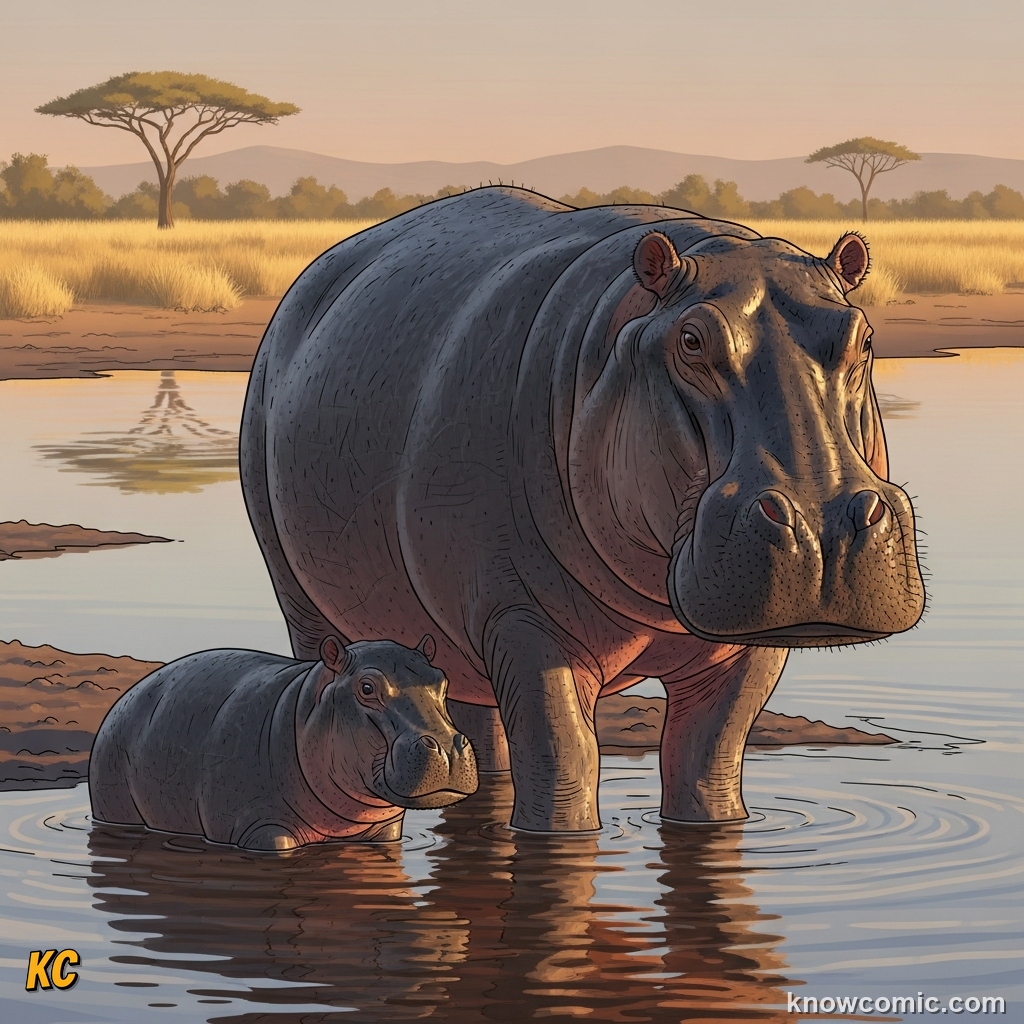 Mother hippo keeping a protective watch over her small calf beside her in water