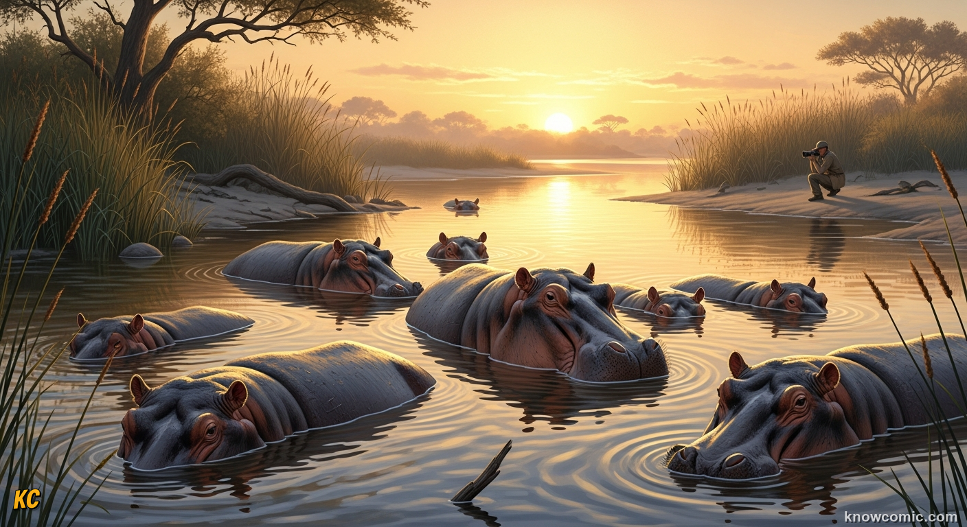 Clean healthy river with hippos resting in undisturbed habitat and green banks
