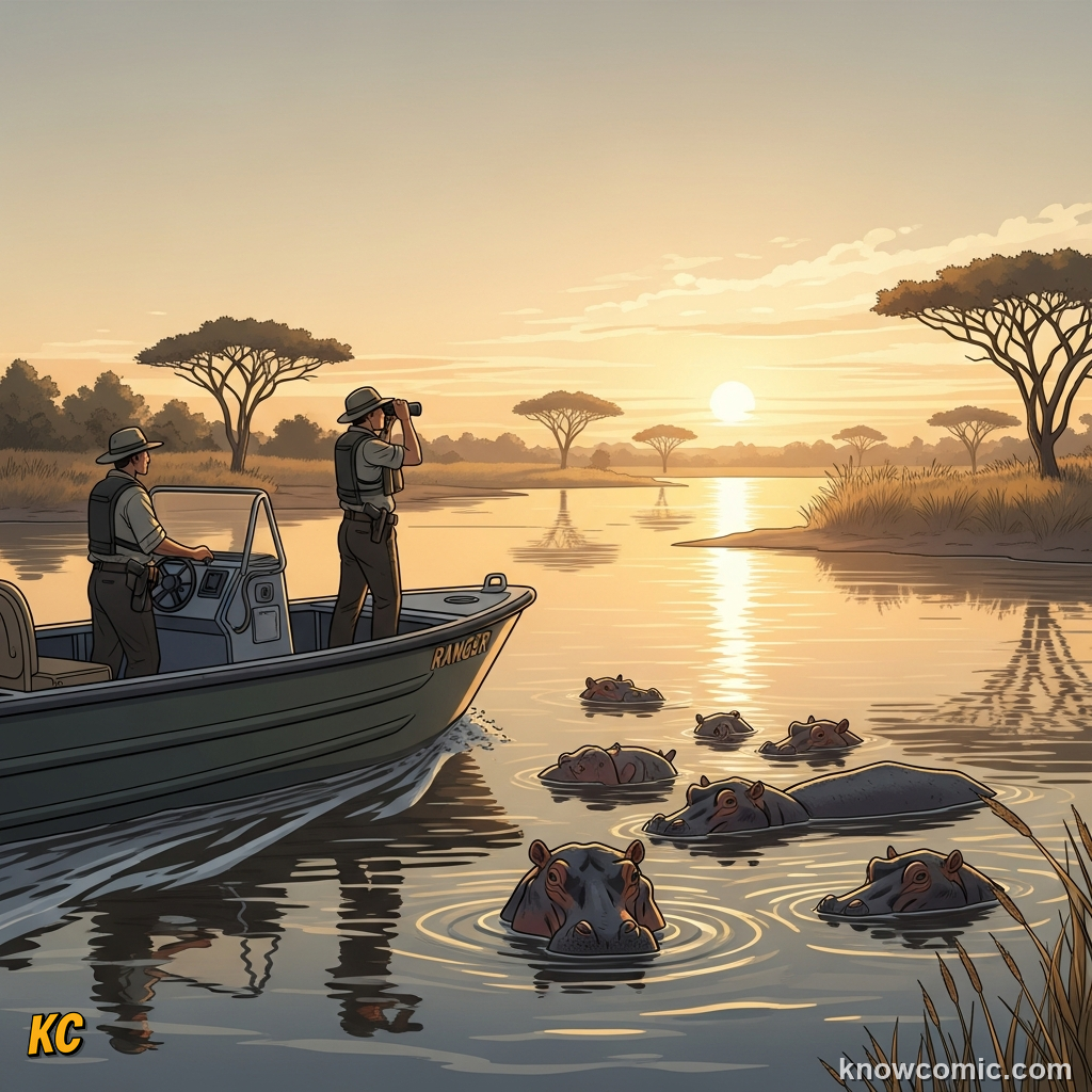 Person watching hippos safely from a riverbank using binoculars at a far distance